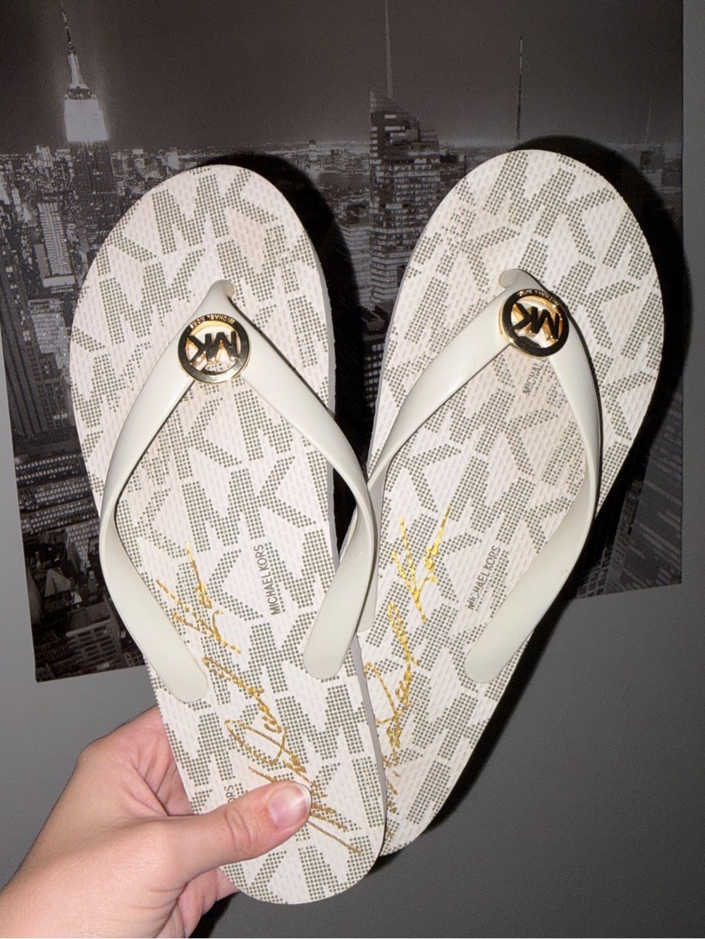 Michael Kors White and Gold Logo Flip Flop Sandals